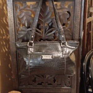 Nine West Black Croc-Embossed Shoulder Bag with Silver Hardware